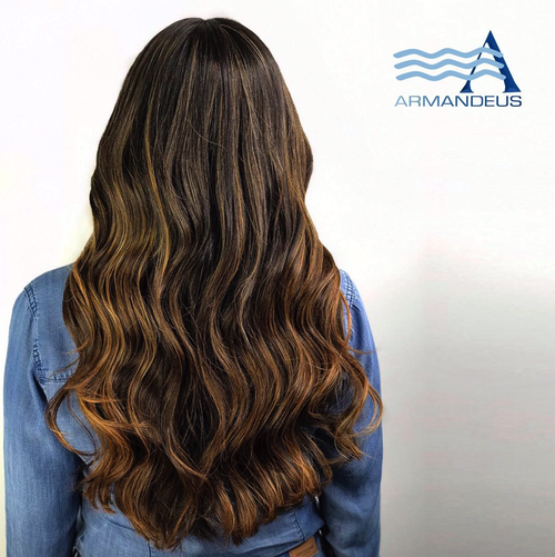 Caramel balayage and style done at Salon Armandeus Doral