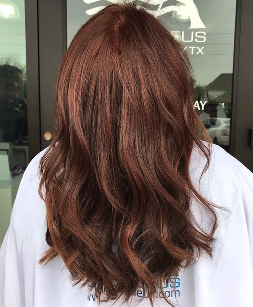 Copper brown hair color and hairstyle done at Salon Armandeus Katy Texas