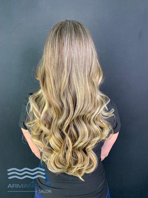 Balayage and beach waves done at Salon Armandeus Doral