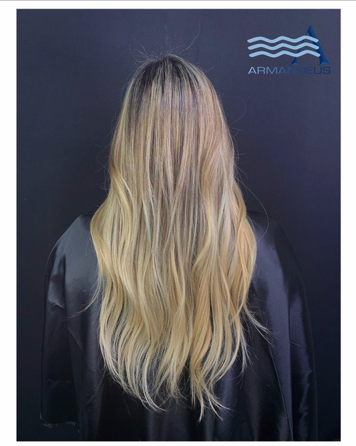 Balayage with Olaplex and hairstyle done at Salon Armandeus Doral