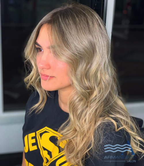 Balayage with Olaplex and beach waves by Salon Armandeus Doral