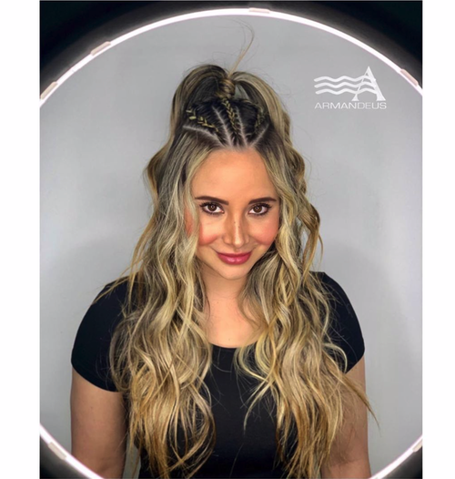 Braided hairstyle and hair color by Salon Armandeus Doral